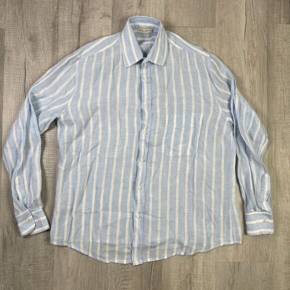 Sartoria Saracena Shirt Men's Large Button Up Blue Striped 100% Linen Italy N - Picture 1 of 11